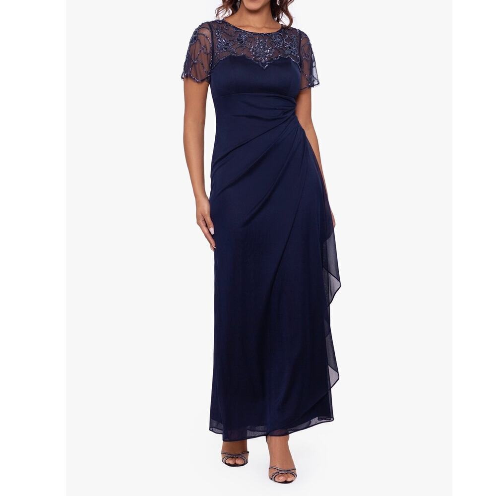 XSCAPE Dahlia Long Sheer Matte Jersey Beaded Top Dress Navy Size 16 NWT